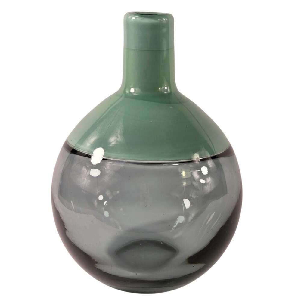 West Elm Vitreluxe Hand Blown Glass Vase 8" Smoky Gray & Opaque Sage Green MCM